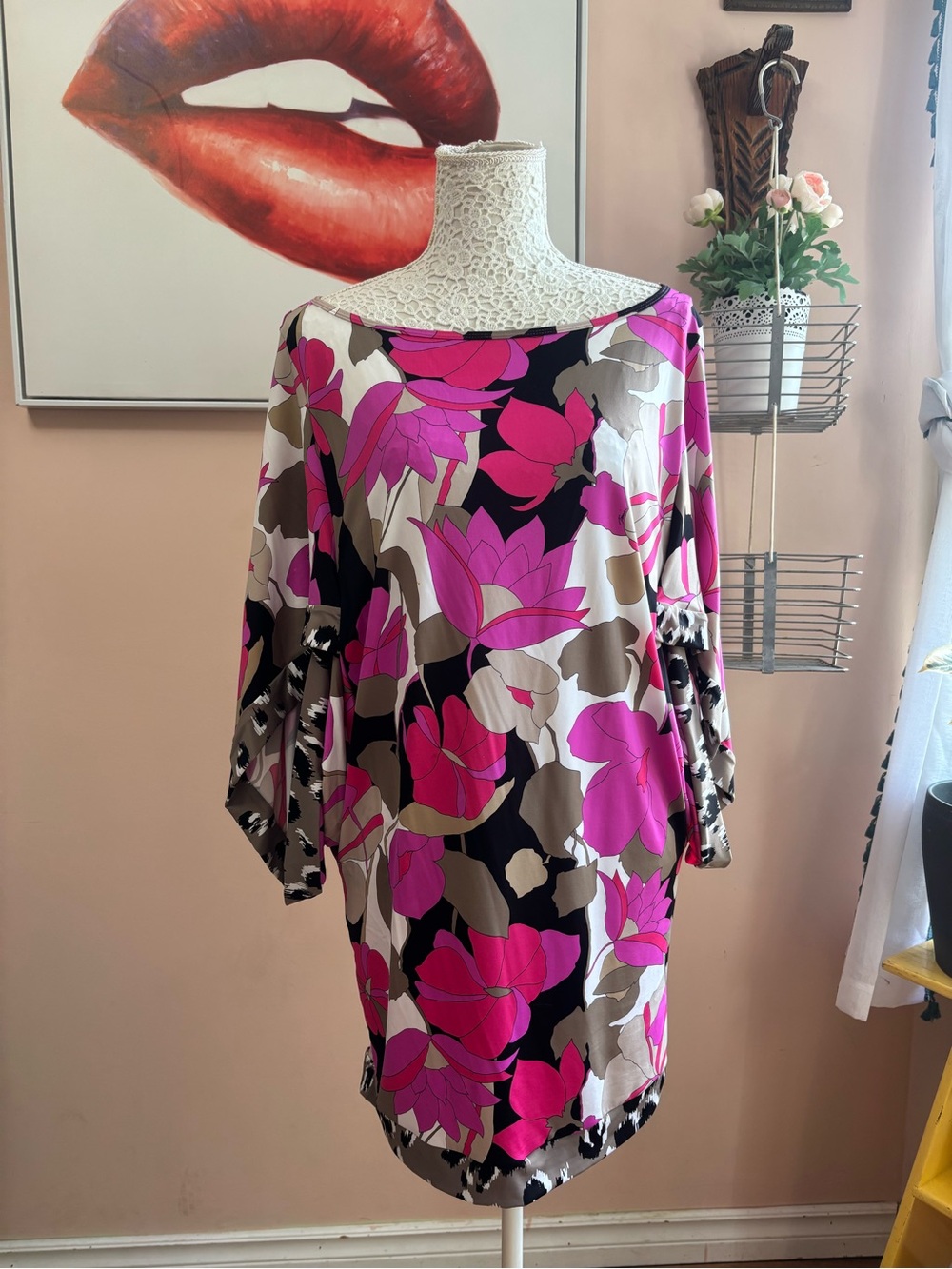 Trina Turk Pink Floral Batwing Mini Dress with Black and Brown Accents